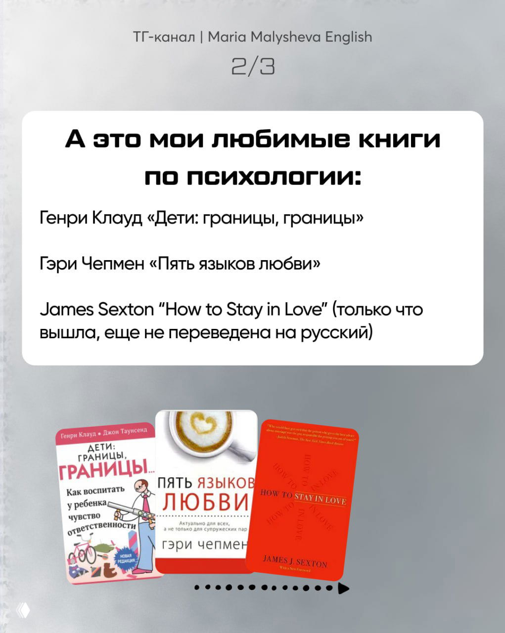 Слайд про любимые книги по психологии: заголовок и список авторов, внизу видны обложки бестселлеров по психологии для взрослых читателей.