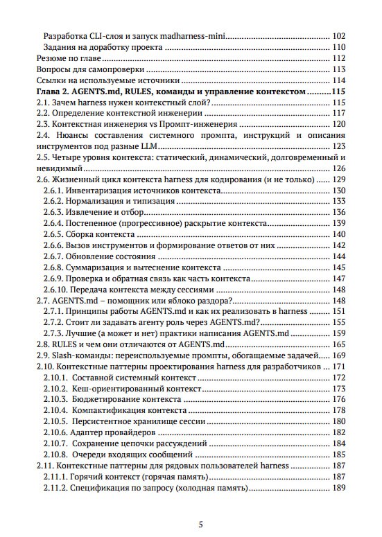 Фрагменты разворотов книги: содержание и план глав, видно подробную структуру и пункты, связанные с архитектурой harness и проектом агента.