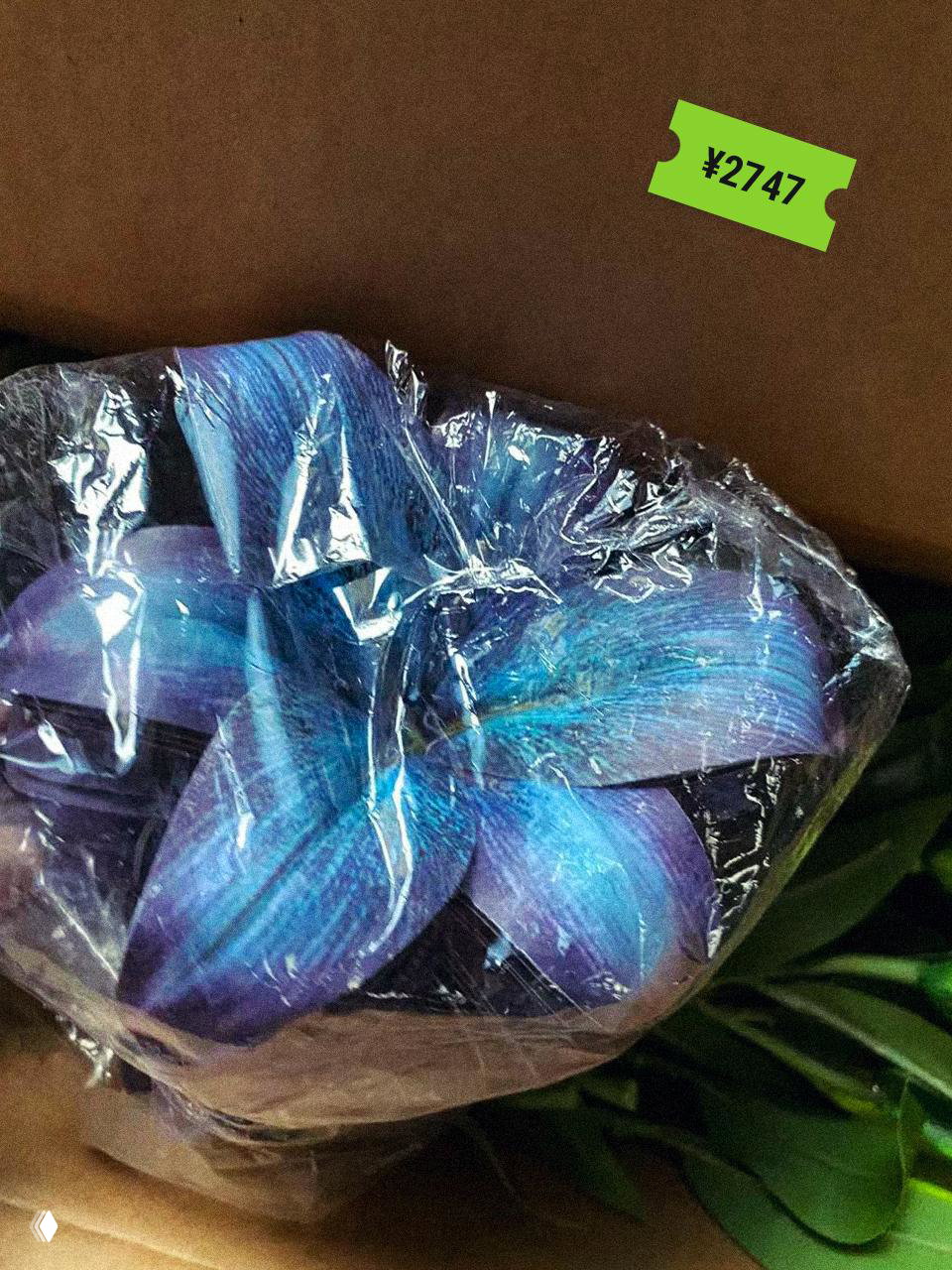Упакованный в плёнку синий искусственный цветок в коробке — крупный план упаковки партии товара, видно зелёный ценник ¥2747 рядом.