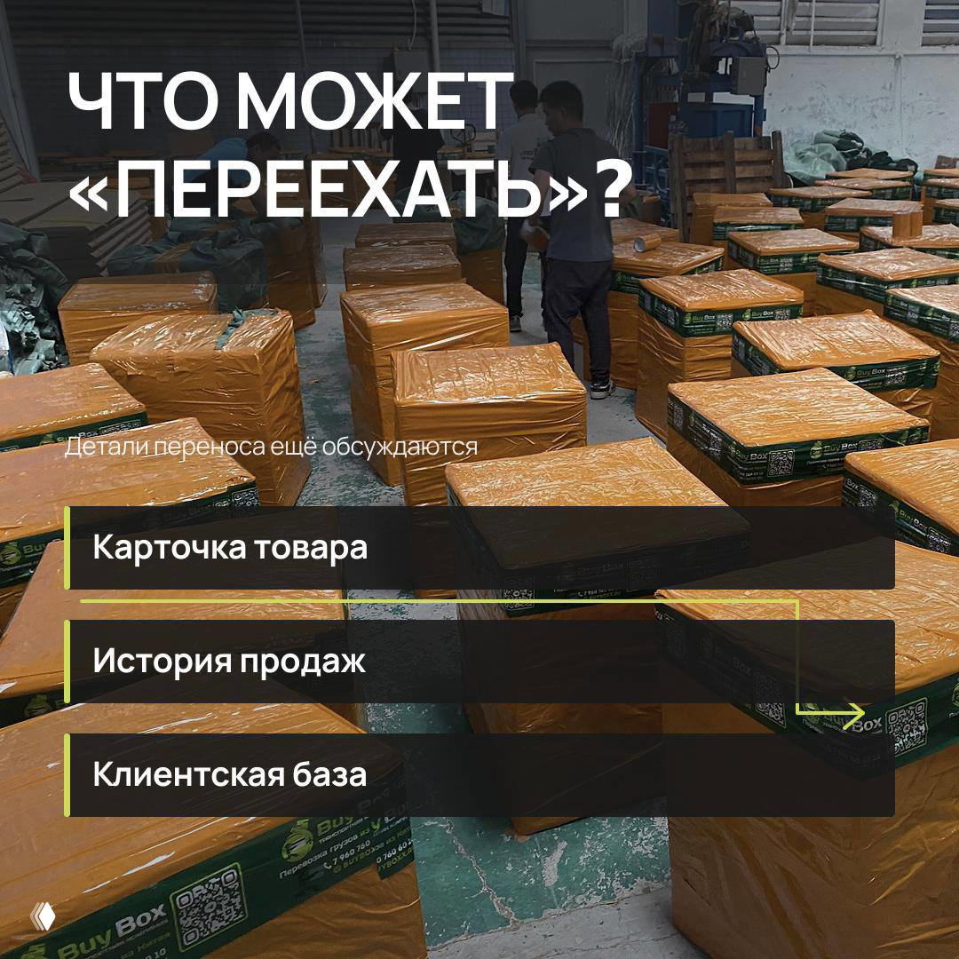 Фотография склада с множеством запакованных коробок и графикой «Что может переехать?», перечислены карточка товара, история продаж, клиентская база — визуальный слайд для продавцов.