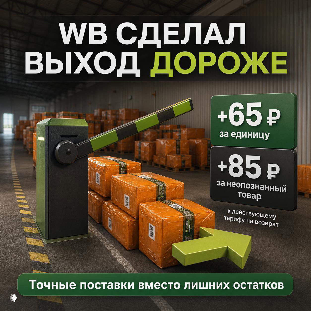 Склад с оранжевыми посылками и шлагбаумом, на табличке указано «+65 ₽» и «+85 ₽», иллюстрация увеличения тарифа на вывоз остатков Wildberries в складском помещении.
