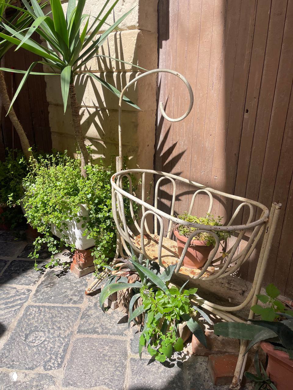 Небольшой внутренний дворик с растениями в горшках и старой металлической корзиной для цветов — атмосферная деталь повседневной сицилийской жизни.