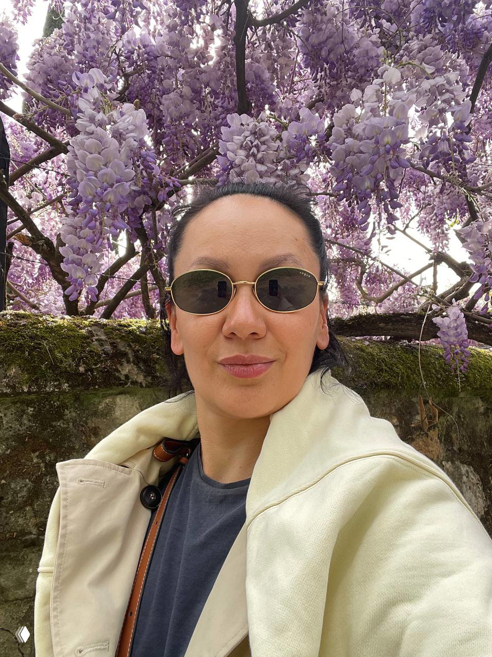 Селфи автора под свисающими гроздьями сиреневых глициний у моховой каменной стены, ранневесеннее мягкое освещение.