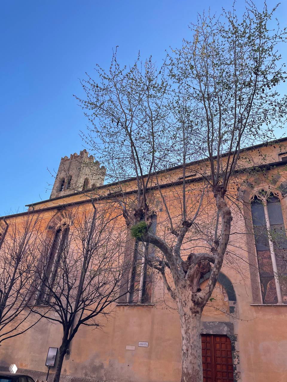 Фасад старой церкви в городке Cinque Terre весной: голые деревья, розоватая стена и церковная башня на фоне чистого неба.