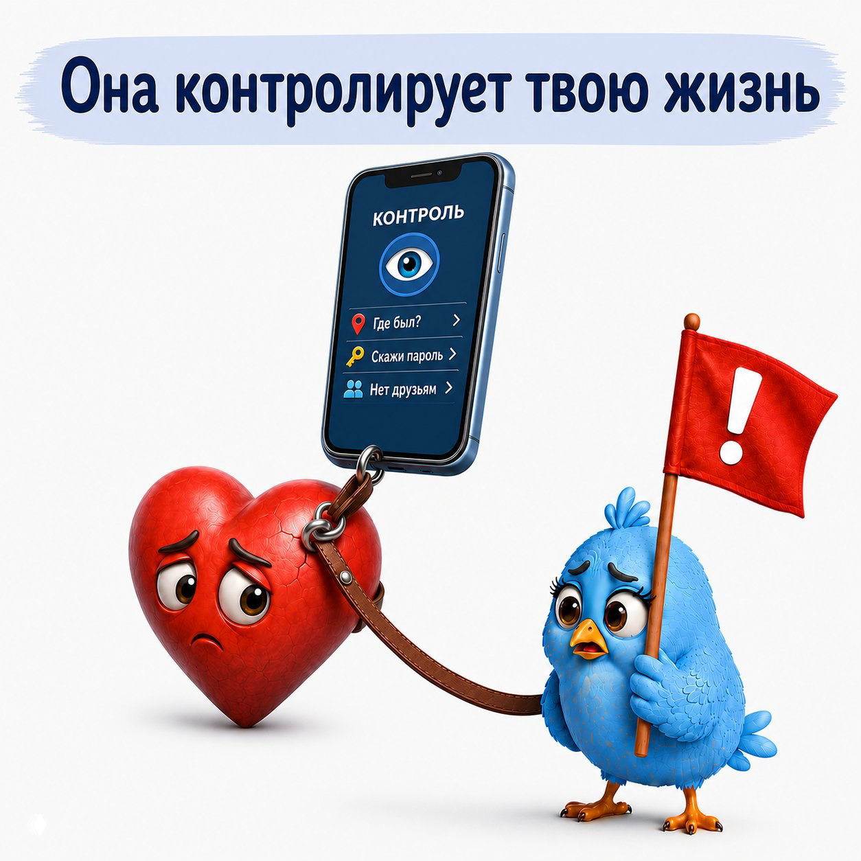 Иллюстрация: сердечко на поводке, к которому прикреплён смартфон с контролем и опциями «Где был? Скажи пароль», голубая птичка с флажком рядом — образ контроля и ревности.