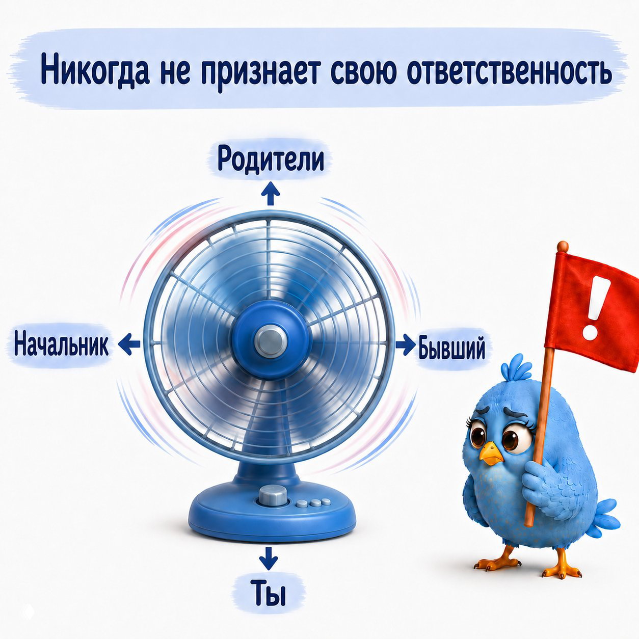 Иллюстрация вентилятора с подписанными направлениями «Родители», «Начальник», «Бывший», указывающими на то, что женщина не признаёт ответственности и переводит её на других.