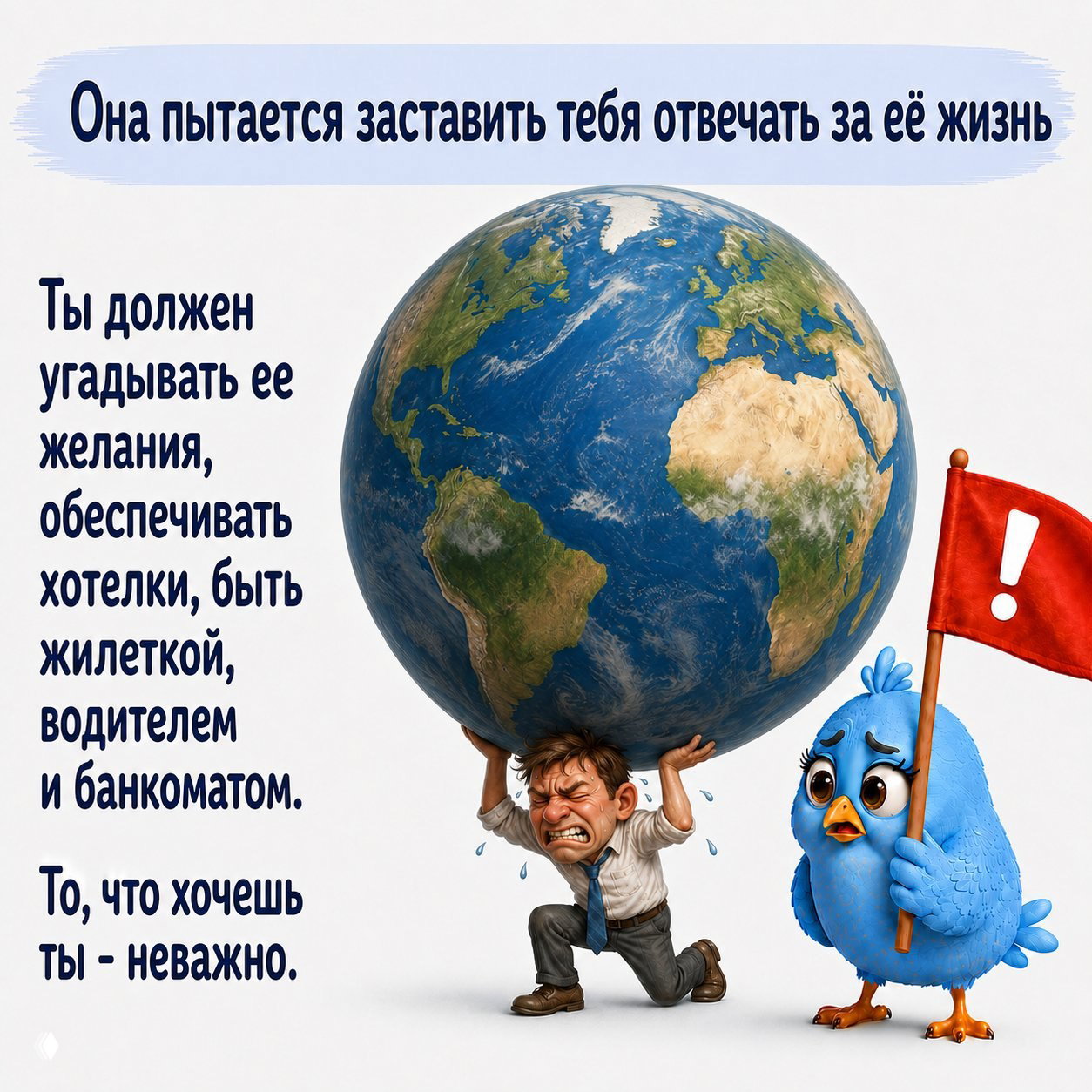 Иллюстрация: мужчина с глобусом на плечах, под тяжестью обязанностей, рядом грустная голубая птичка с красным флажком и текст о том, что тебе навязывают ответственность.
