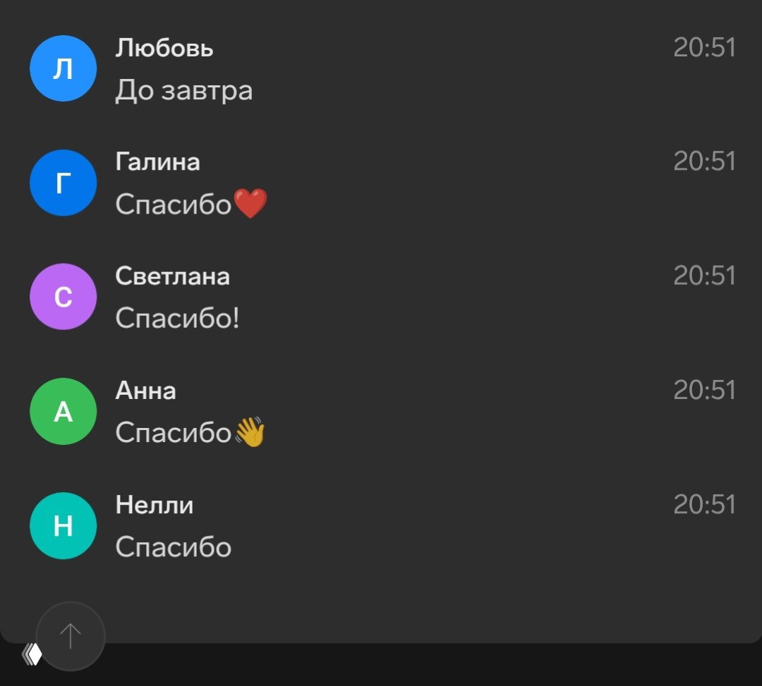 Скриншот чата: благодарности и прощальные сообщения участников интенсива, круглые аватары с буквами, тёмный интерфейс и таймстампы.