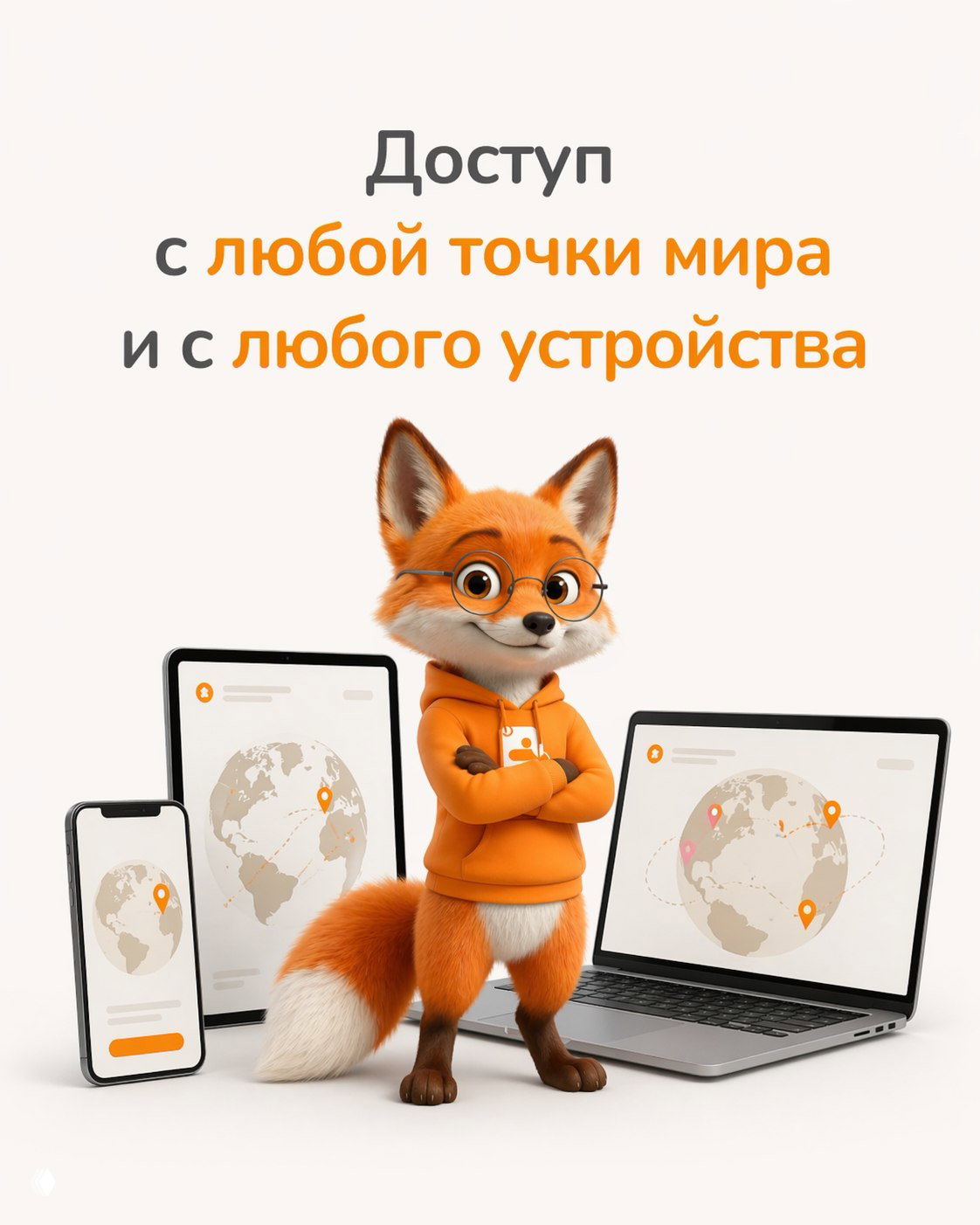 Рекламное изображение: лисёнок на фоне ноутбука, планшета и телефона с глобусом — доступ к сессиям с любой точки мира и с любого устройства.