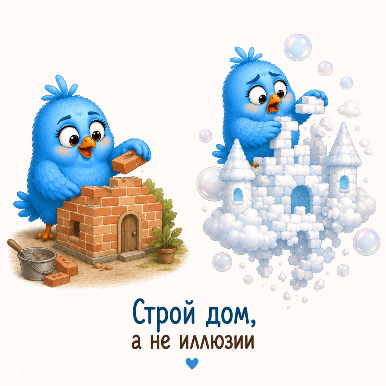 Иллюстрация: один птенчик аккуратно строит дом из кирпичей, рядом другой птенчик лепит воздушный замок из облаков — иллюзии и реальные дела.