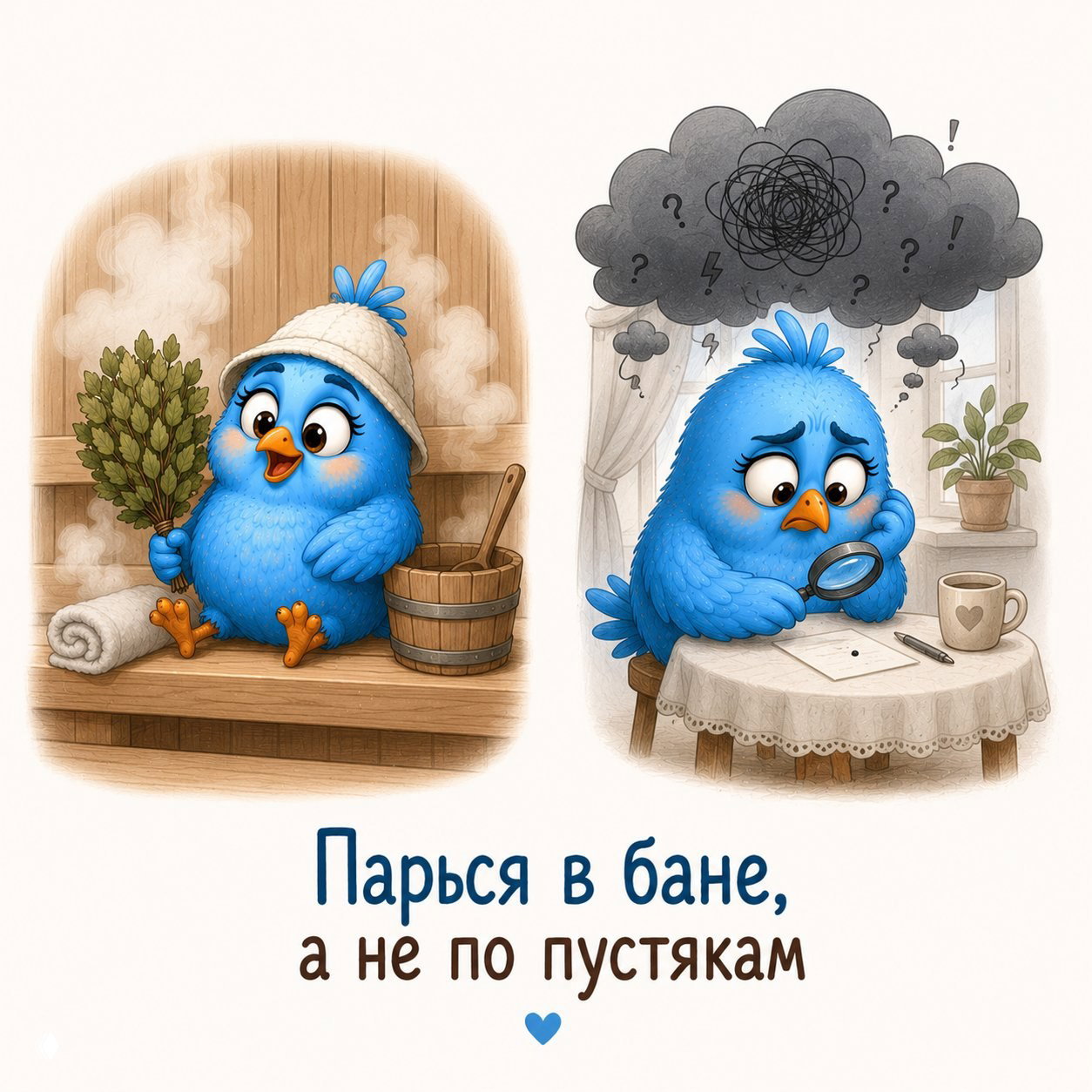Иллюстрация: один птенчик расслабляется в бане с веником, другой сидит за столом с лупой и тучей тревожных мыслей над головой.