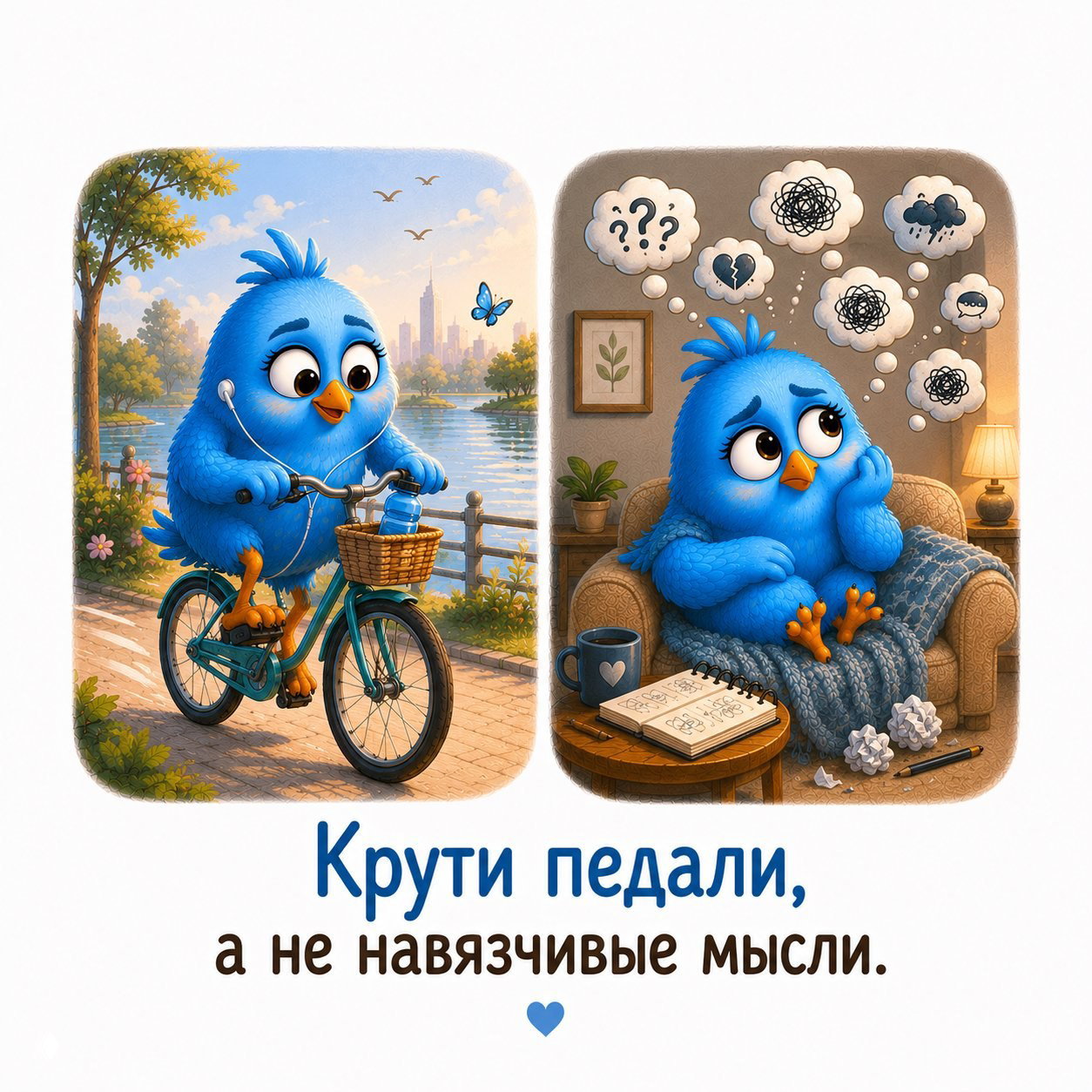 Иллюстрация: слева птенчик весело едет на велосипеде на набережной, справа — птенчик в кресле мучается от навязчивых мыслей и грусти.