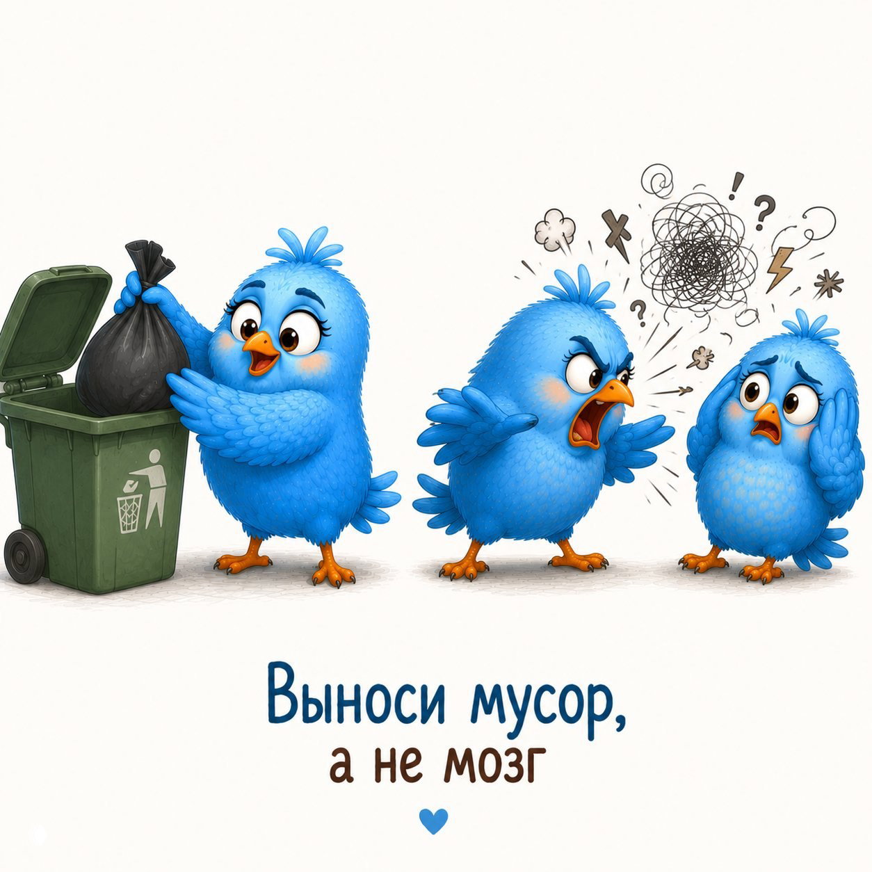 Иллюстрация: птенчик выбрасывает мешок в мусорный контейнер, рядом сцена с криками и стрессом — метафора «выноси мусор, а не мозг».