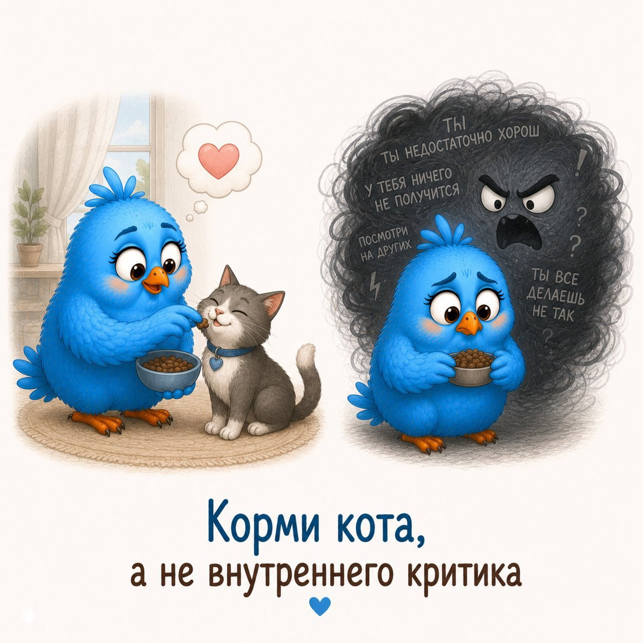 Иллюстрация: птенчик кормит кота с заботой, напротив — птенчик под тенью внутреннего критика с злобными фразами и сомнениями.