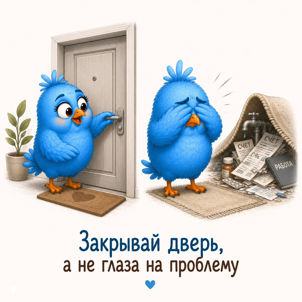 Иллюстрация: птенчик закрывает дверь и оставляет проблемы за порогом, рядом другой птенчик плачет и смотрит на ворох счетов и забот.