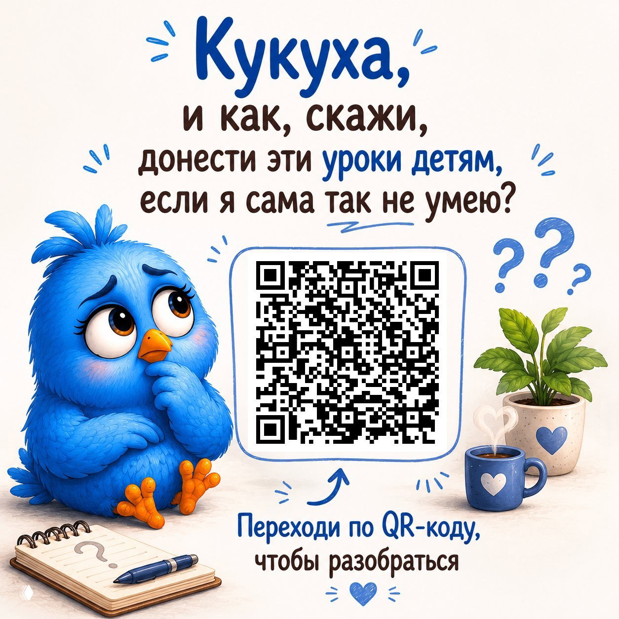 Иллюстрация: задумчивый синий птенчик сидит рядом с QR‑кодом и вопросом, как донести детям эти уроки — призыв к родителям и ссылка на продолжение.