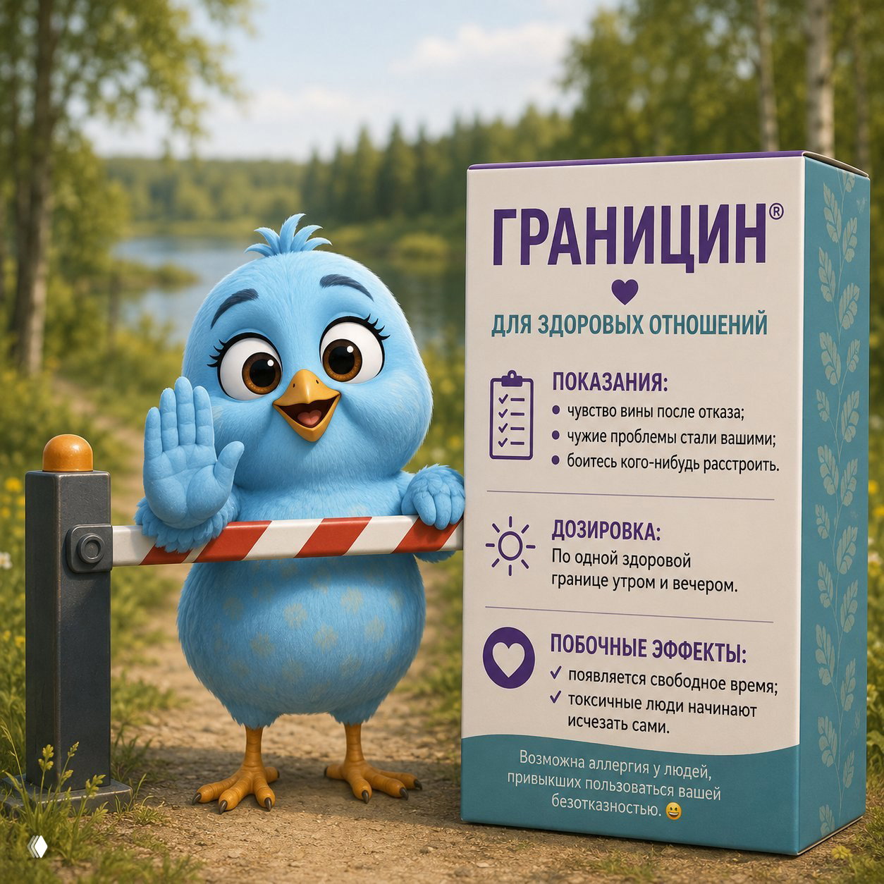 Мультяшная голубая птичка на лесной тропе у шлагбаума держит коробку «ГРАНИЦИН» — упаковка про здоровые границы в отношениях.