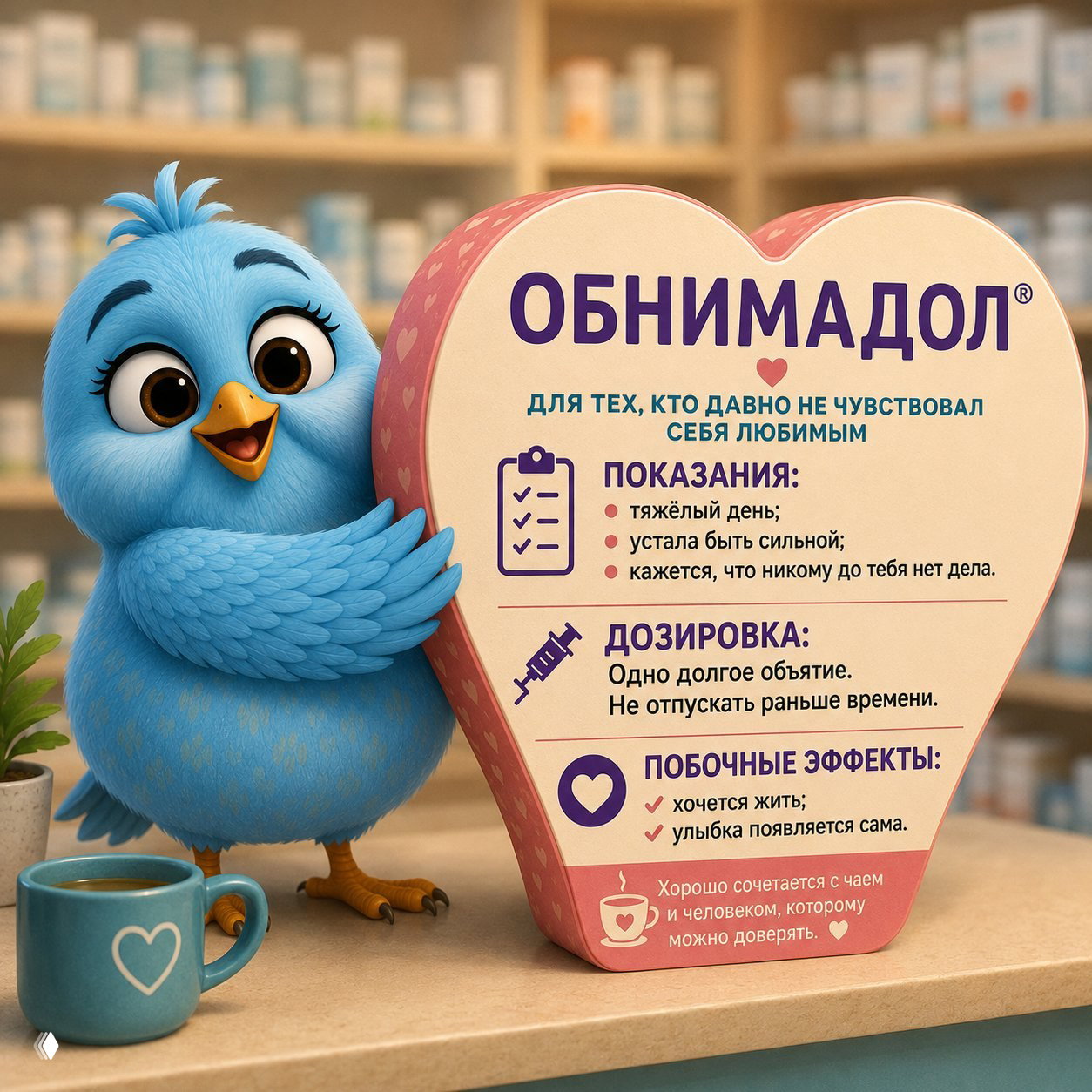 Голубая мультяшная птичка обнимает сердечную коробку «ОБНИМАДОЛ» на прилавке аптеки — образ объятий и эмоциональной поддержки.