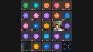 Скриншот видеоконференции: сетка участников с круглыми аватарами, виден ведущий в окне и интерфейс платформы; иллюстрация вебинара по детским травмам.