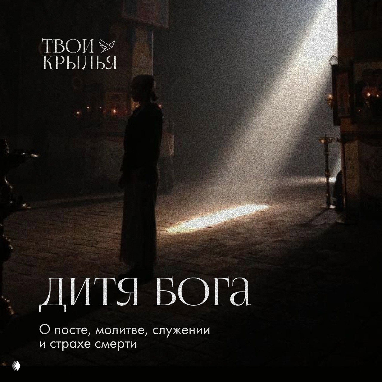 Интерьер православного храма в полумраке: силуэт человека стоит в луче света, на изображении графика курса «Дитя Бога», атмосферный религиозный мотив.