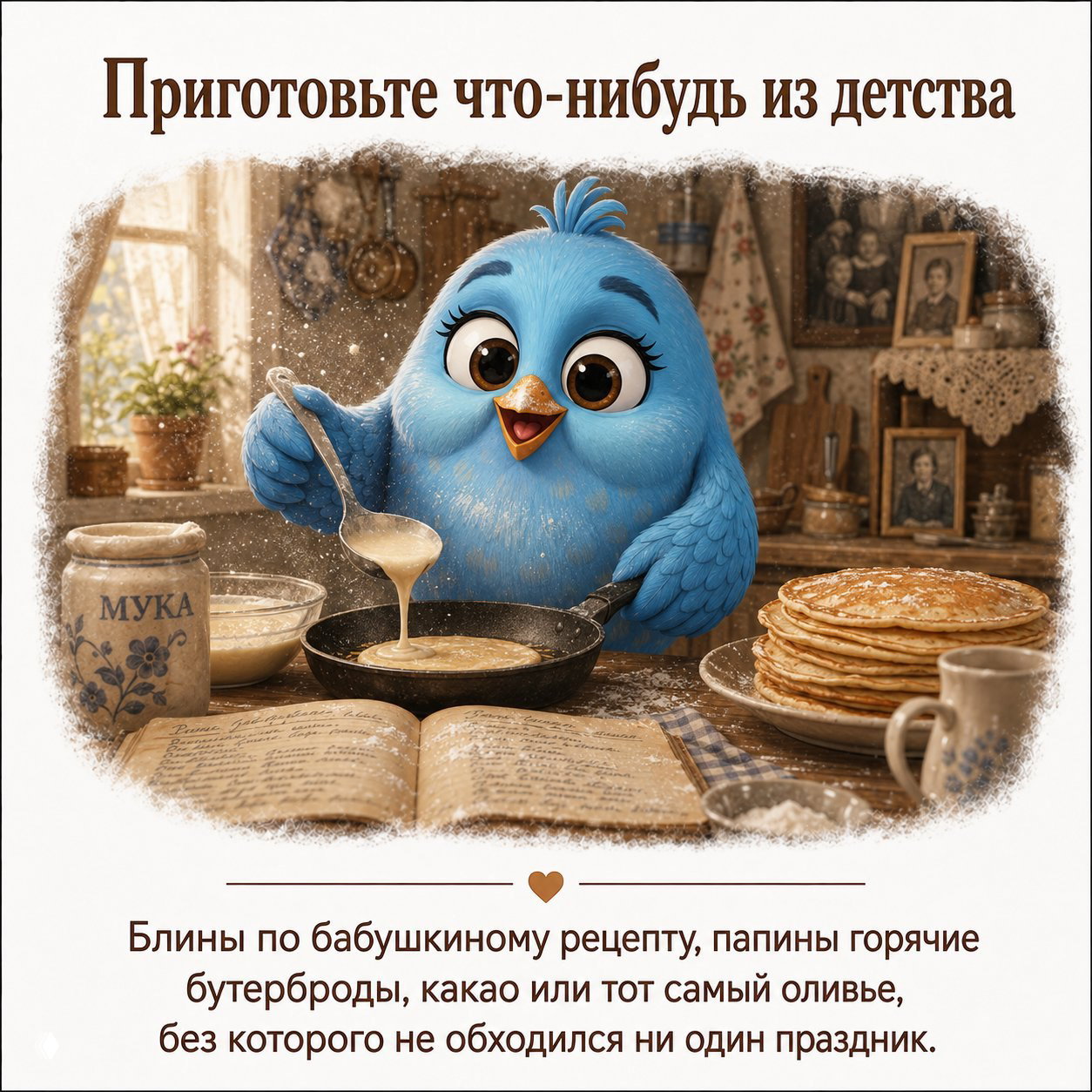 Мультяшный синий птичий персонаж печёт блины на старой кухне рядом с рецептом в тетради; атмосфера детских воспоминаний и домашнего уюта.