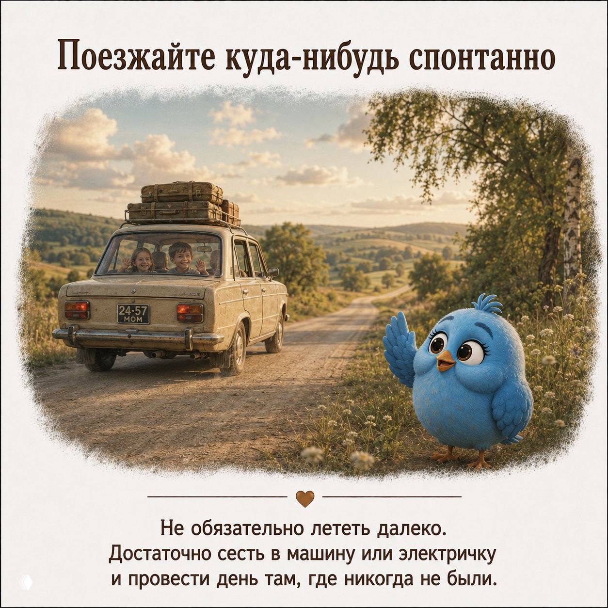 Старая машина на просёлочной дороге в летнем пейзаже; дети в салоне и синий персонаж рядом — идея для спонтанной поездки на один день.