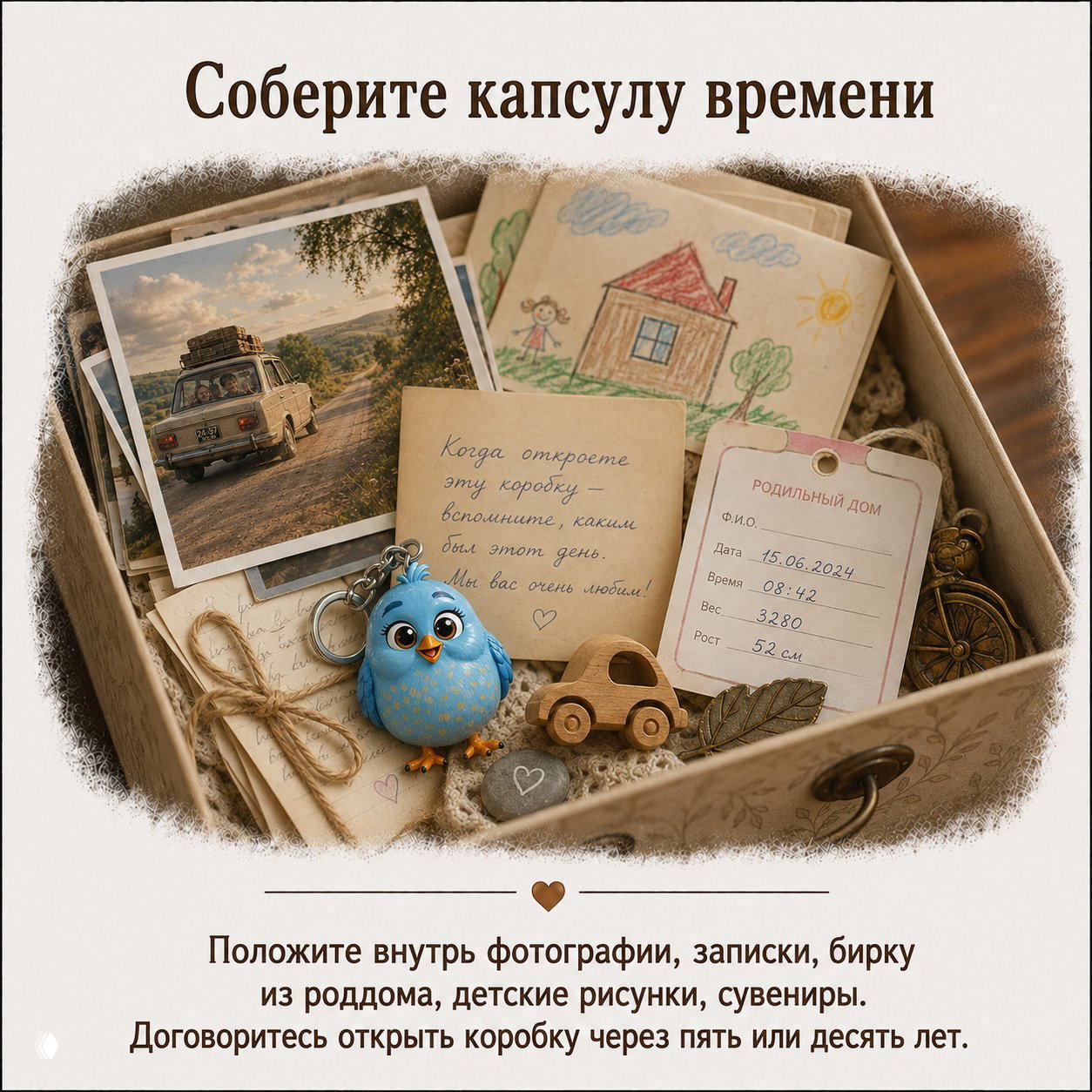Открытая коробка с капсулой времени: старые фото, бирка из роддома, игрушки и записки — предметы для сохранения семейной истории и сюрприза в будущем.