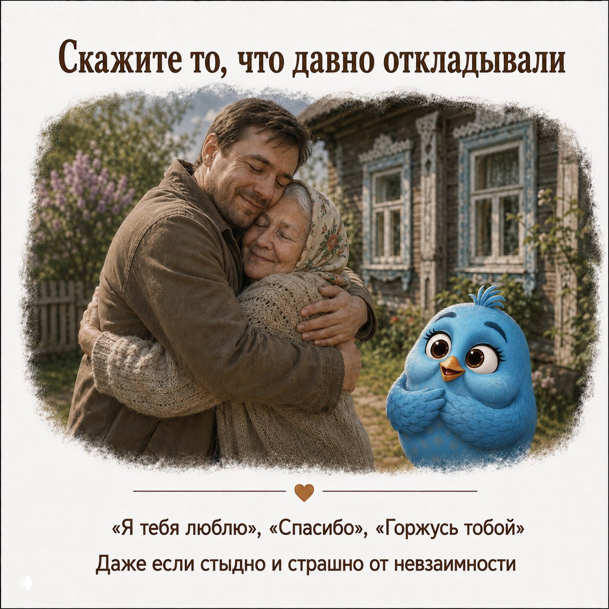 Трогательное объятие взрослого мужчины с пожилой женщиной у деревянного дома; рядом улыбается синий мультяшный птичий персонаж — семейная привязанность.