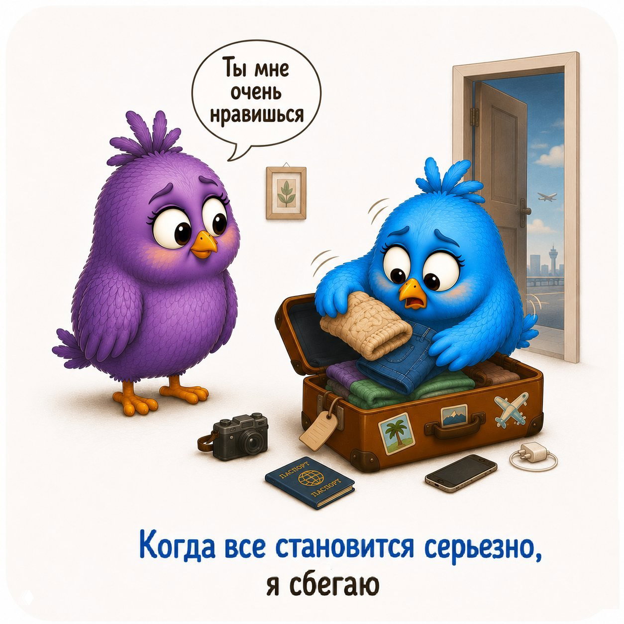 Сцена в аэропорту: синяя птица собирает чемодан и убегает, фиолетовая признаётся в симпатии — иллюстрация бегства при переходе к серьёзности.