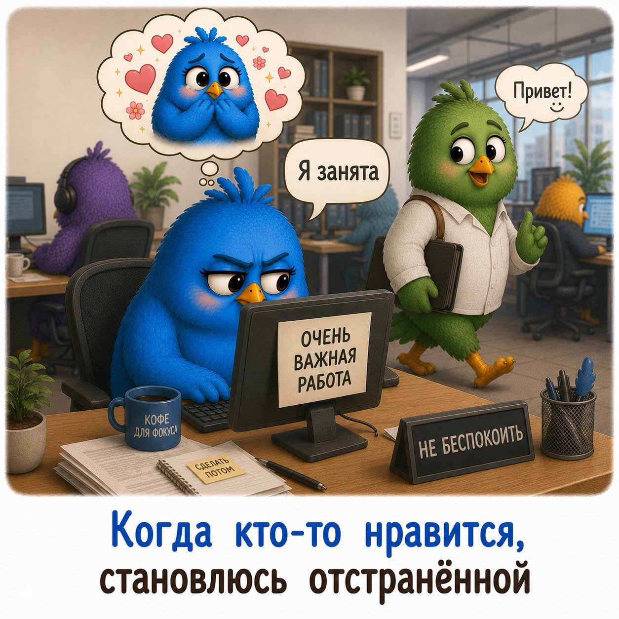 Офисная сцена: синяя птица за компьютером с табличкой "очень важная работа", мысль о влюблённой птице и надпись «Я занята» — пример отстранённости.