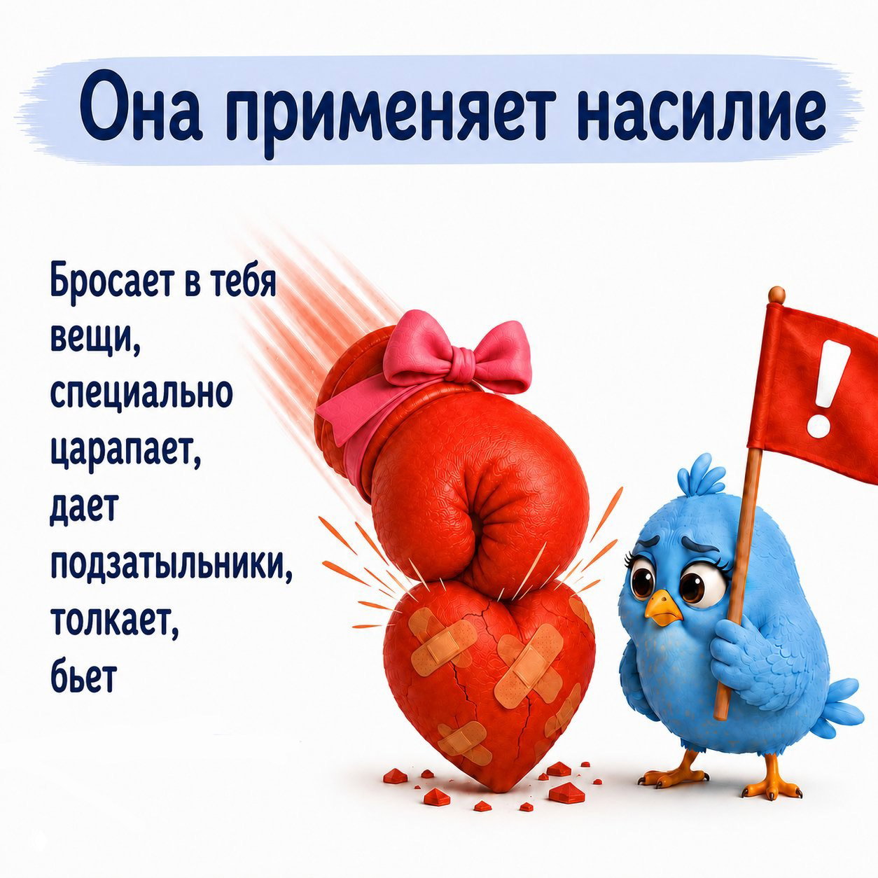 Иллюстрация с красной боксерской перчаткой, бьющей в разбитое сердце; рядом беспокоящаяся голубая птичка с красным флажком, метафора насилия в отношениях, без графики.