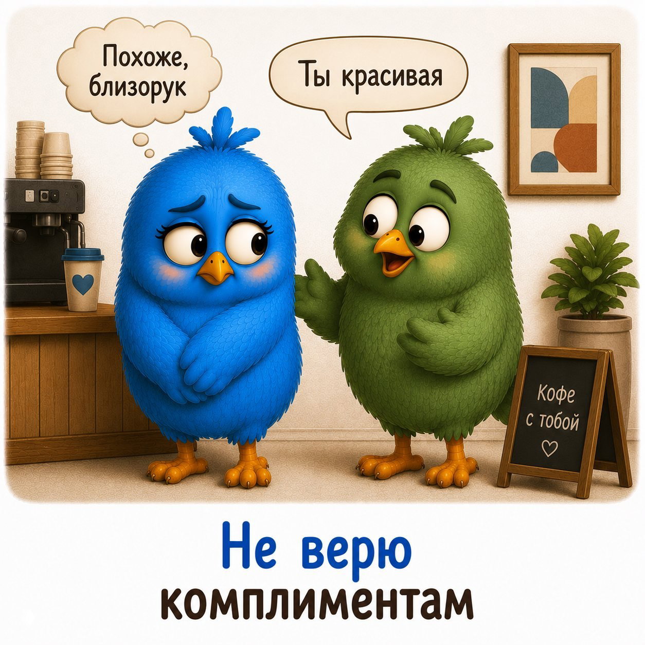 Кафе: зелёная птица делает комплимент синей, она смущается и думает о зрительных или личных недостатках — сцена недоверия к похвалам и комплиментам.