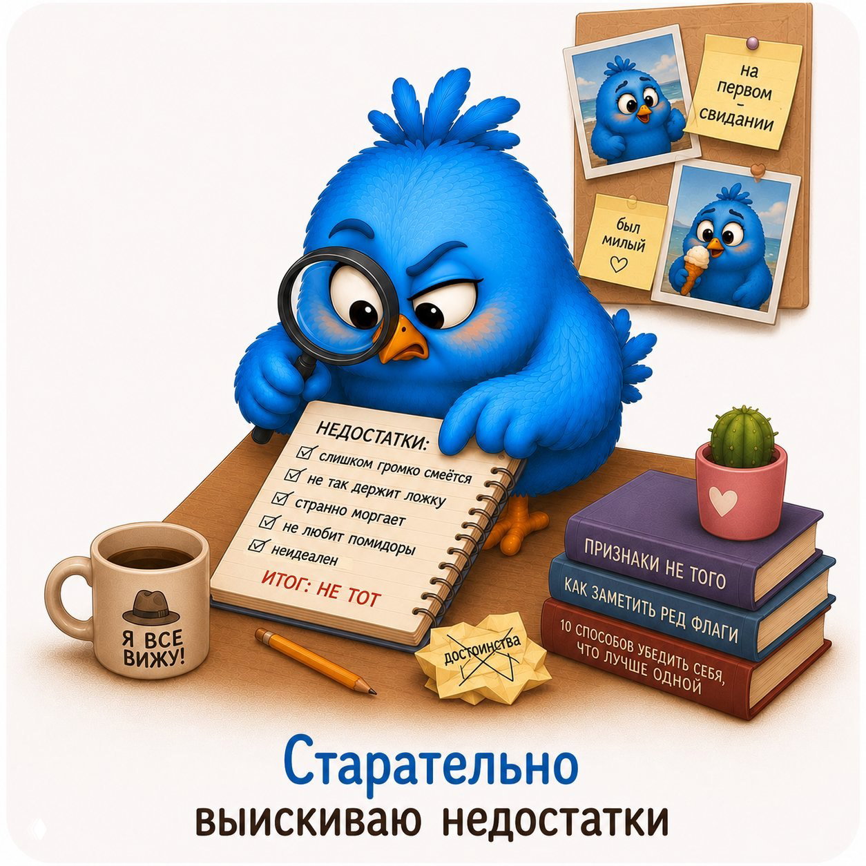 Птица с лупой изучает список «недостатки»: отмечает мелкие придирки и самооправдания, на столе книги о признаках и самокритике.