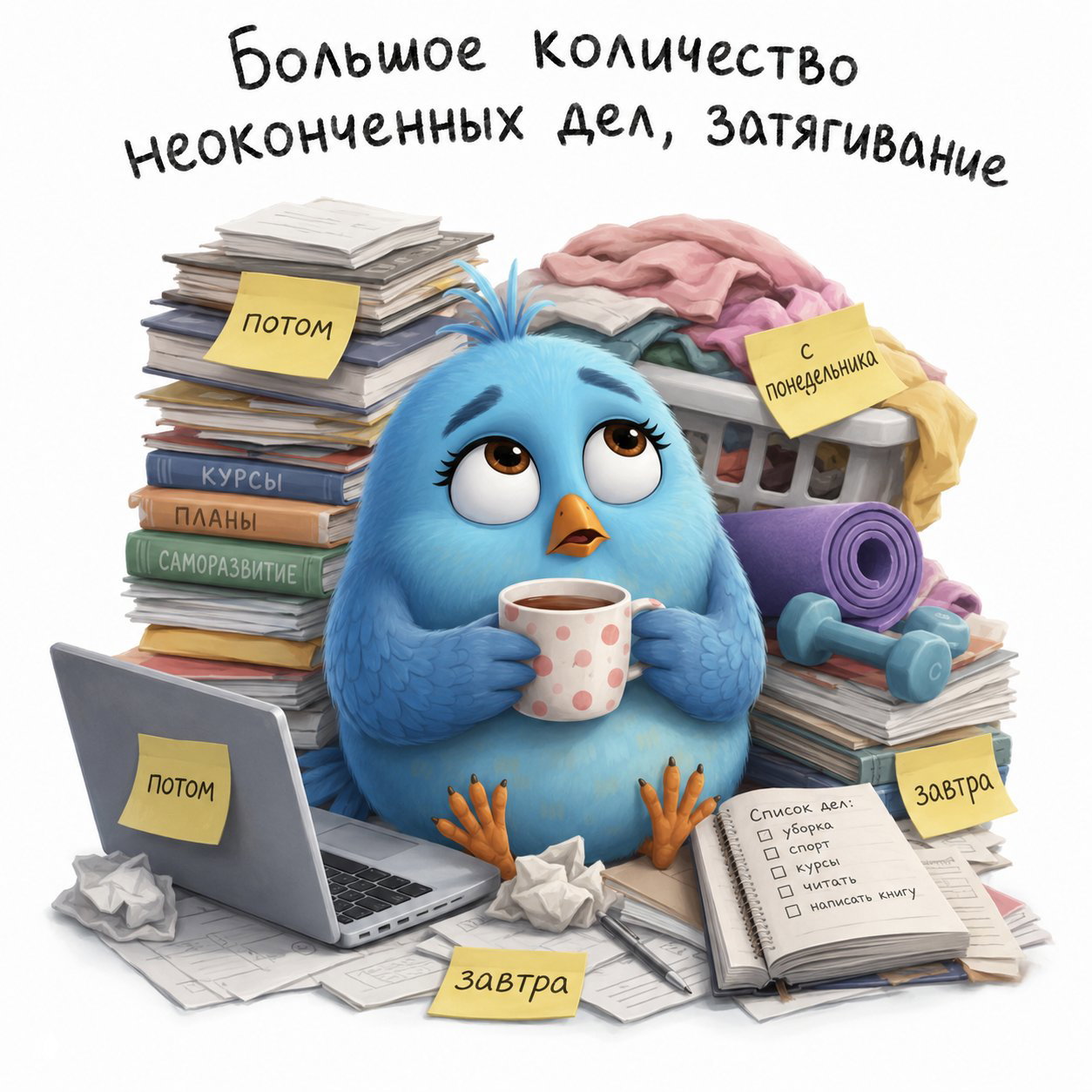 Птица окружена стопками бумаг, ноутбуком и стикерами «потом», «завтра» — иллюстрация отложенных дел и хронической прокрастинации.