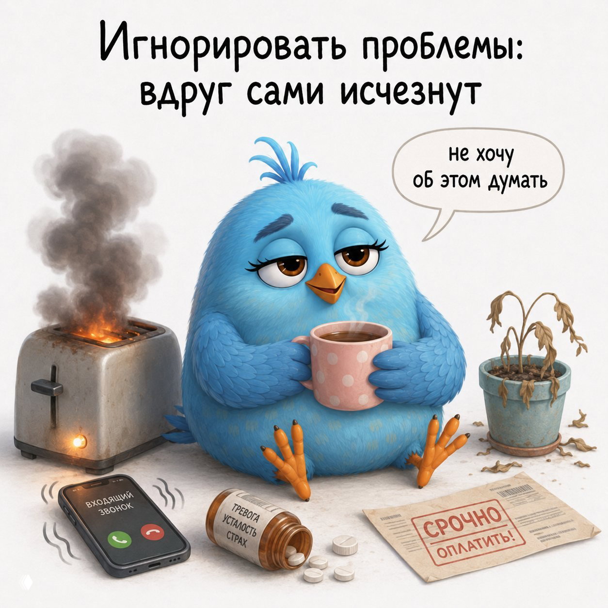 Птица спокойно держит кружку возле горящего тостера, пачки таблеток и счёта с пометкой «срочно» — образ игнорирования очевидных проблем.