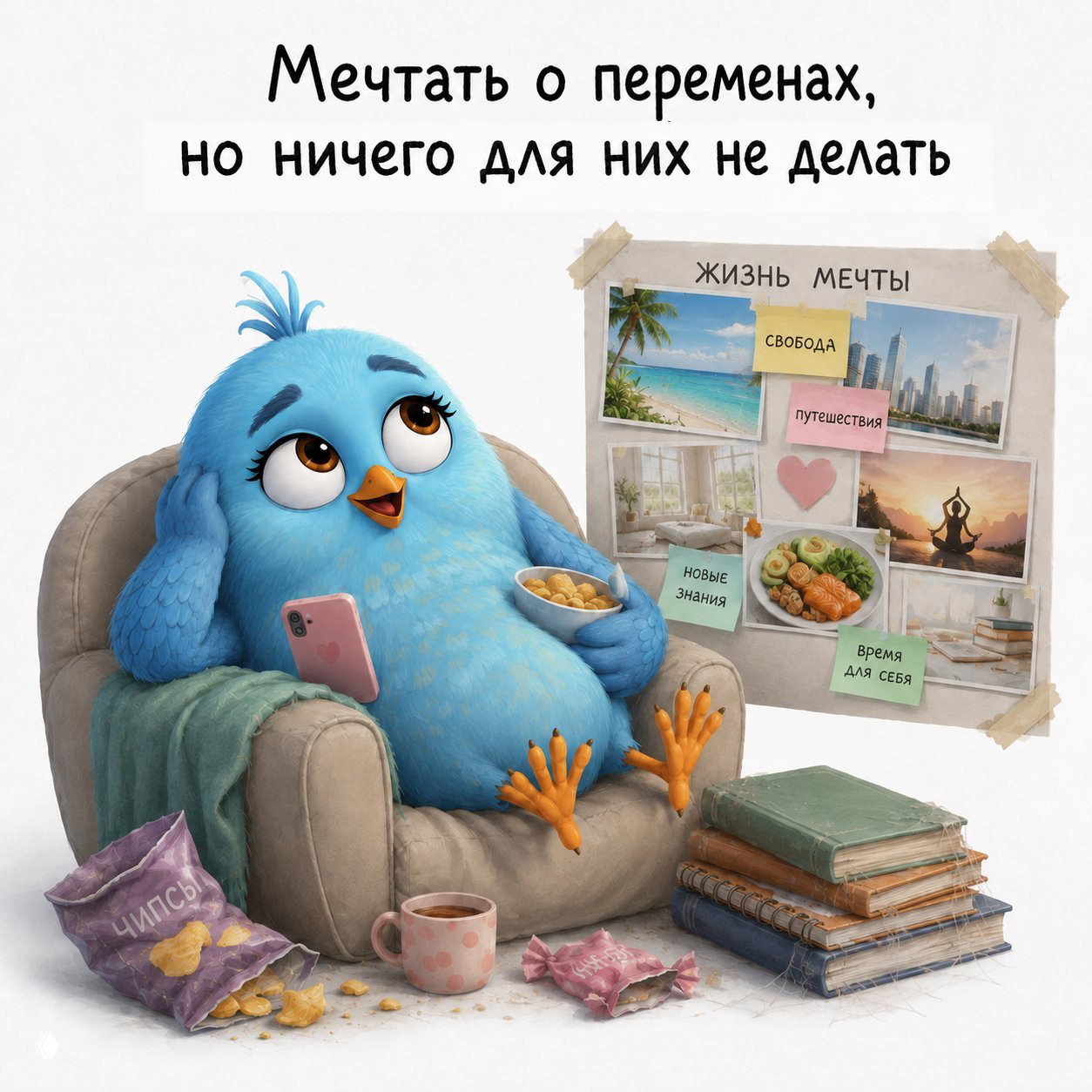Птица мечтает в кресле у доски с изображением «жизни мечты», вокруг — чипсы и книги; символ бездействия при желании перемен.