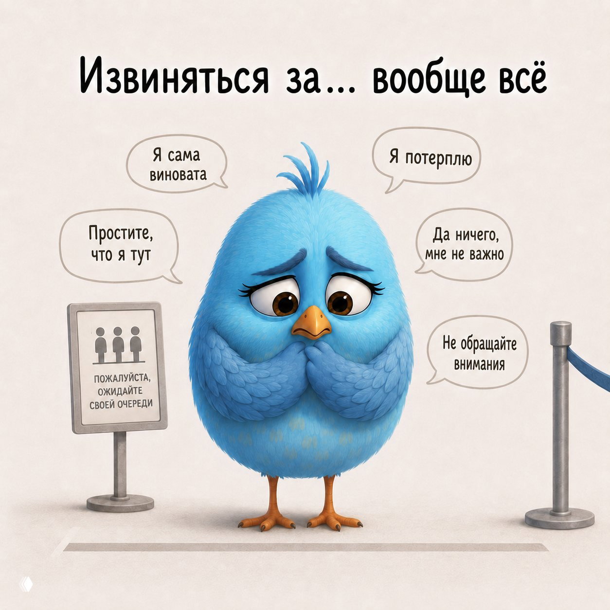 Птица смущённо стоит среди облачков с извинениями («я сама виновата», «я потерплю») — пример постоянного извинения и самопринижения.