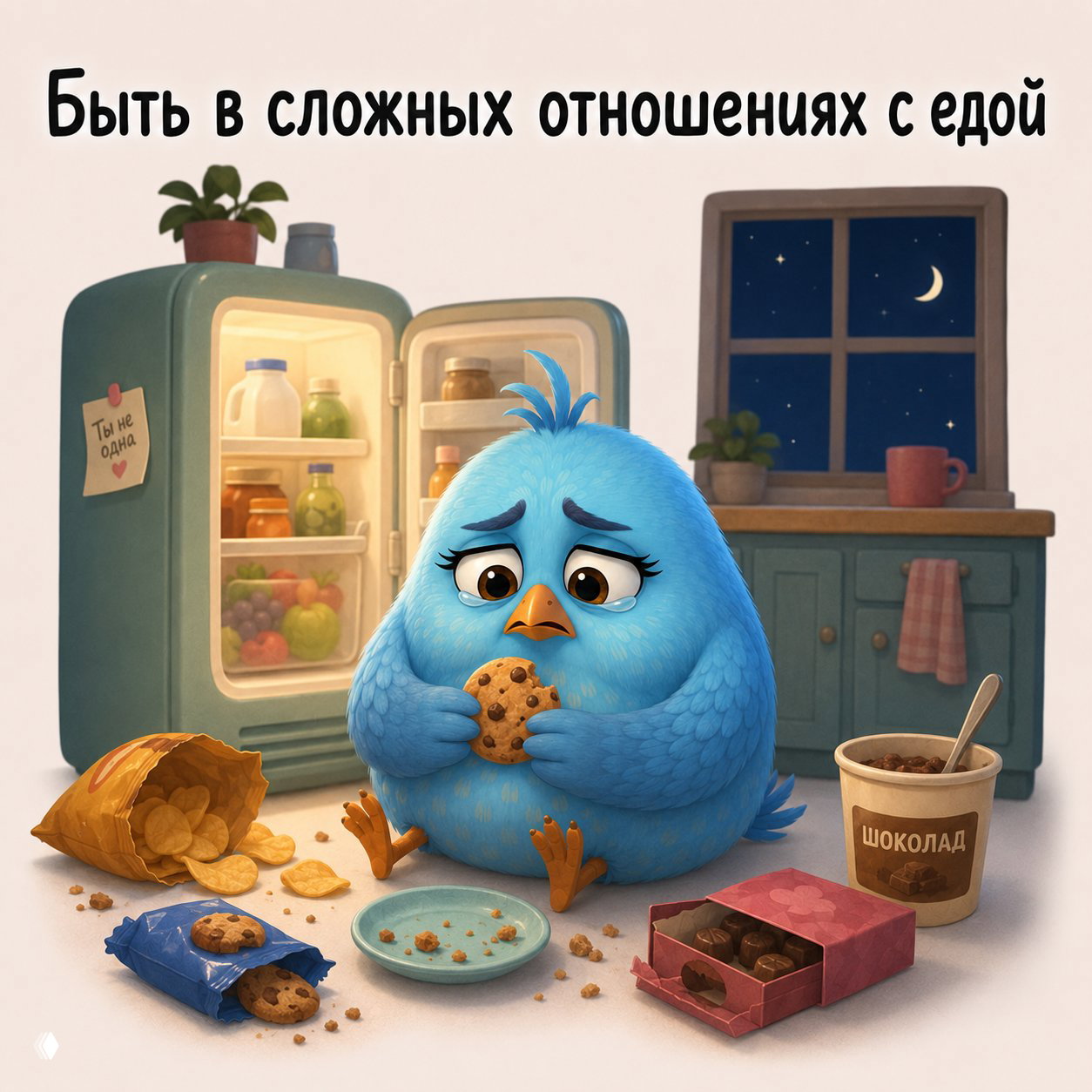 Птица плачет, держа печенье на фоне открытого холодильника и конфет — изображение сложных отношений с едой и эмоциональным перееданием.