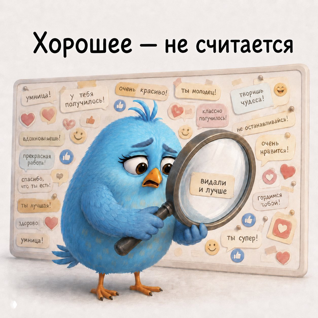Птица рассматривает табличку «видали и лучше» на фоне похвал и сердечек — иллюстрация умения не замечать собственные достижения.
