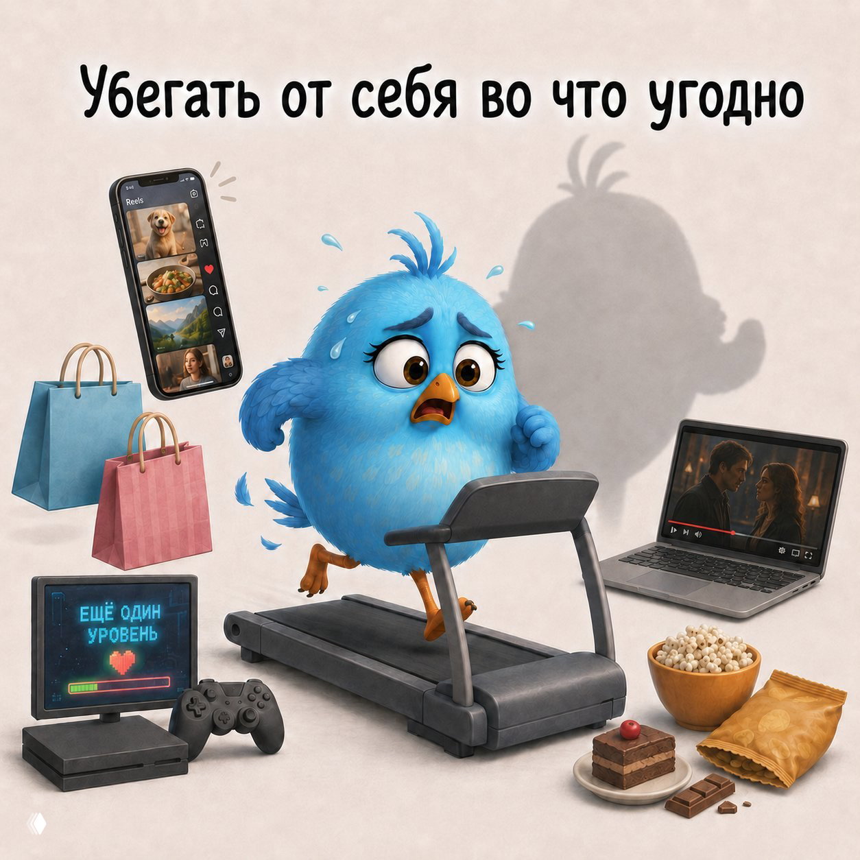 Птица бежит на беговой дорожке, вокруг экраны, игры и покупки — иллюстрация бегства от себя через активности и развлечения.