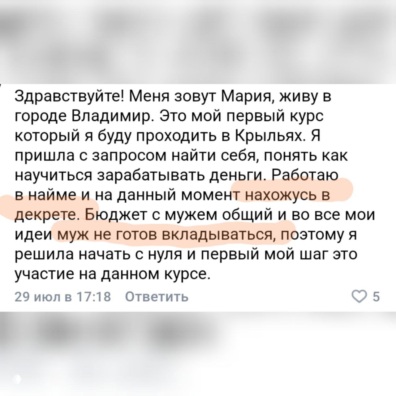 Скриншот отзыва Марии из Владимира: сочетание найма и декрета, общий семейный бюджет и нежелание мужа вкладываться в её идеи.
