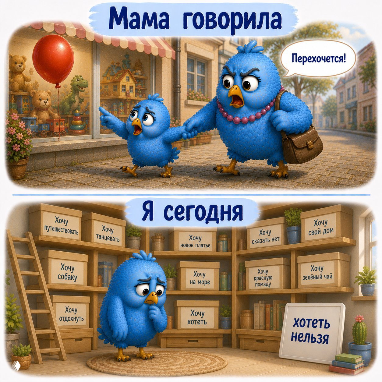 Комикс: мама отталкивает ребёнка у витрины («Перехочется!»); затем птенец среди коробок с надписями «Хочу...», большая табличка «хотеть нельзя».