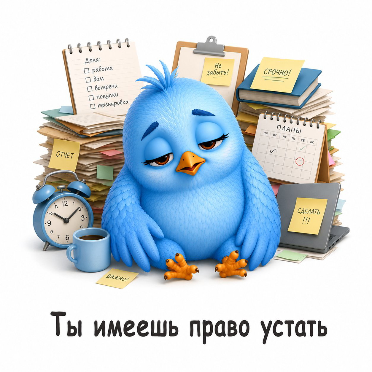 Уставший синий птенец на фоне кипы бумаг, будильника и заметок, подпись «Ты имеешь право устать» — образ эмоциональной поддержки.