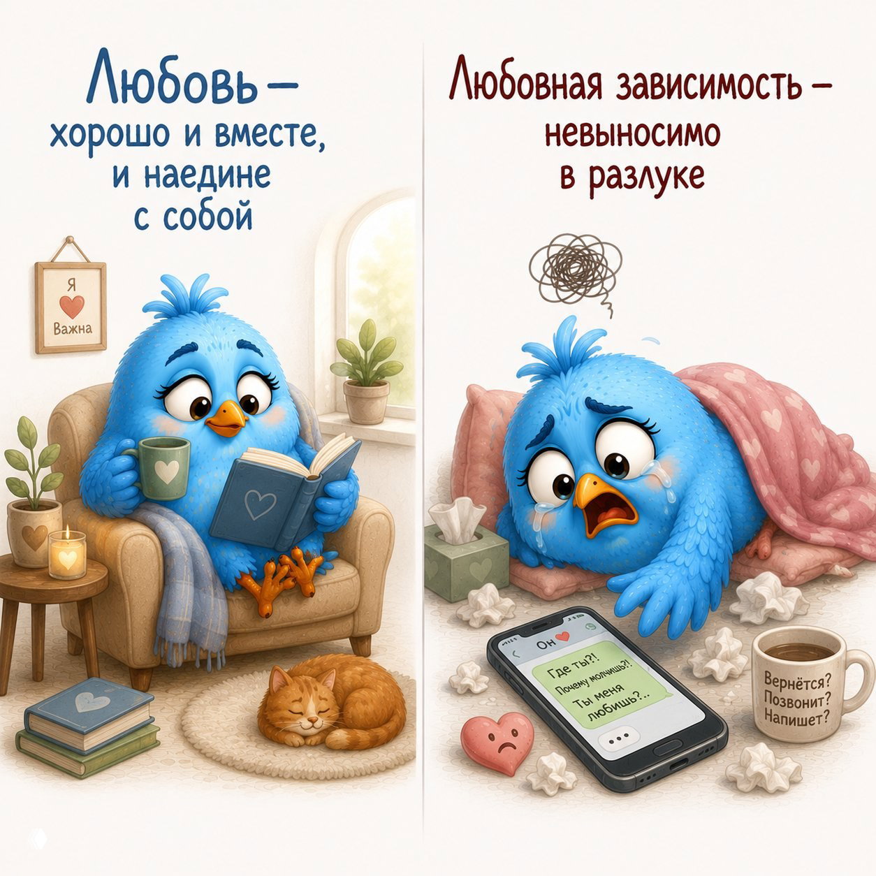 Голубая птичка читает книгу в кресле — любовь как ресурс; рядом — измученная птица с телефоном, символ зависимости и тревоги.