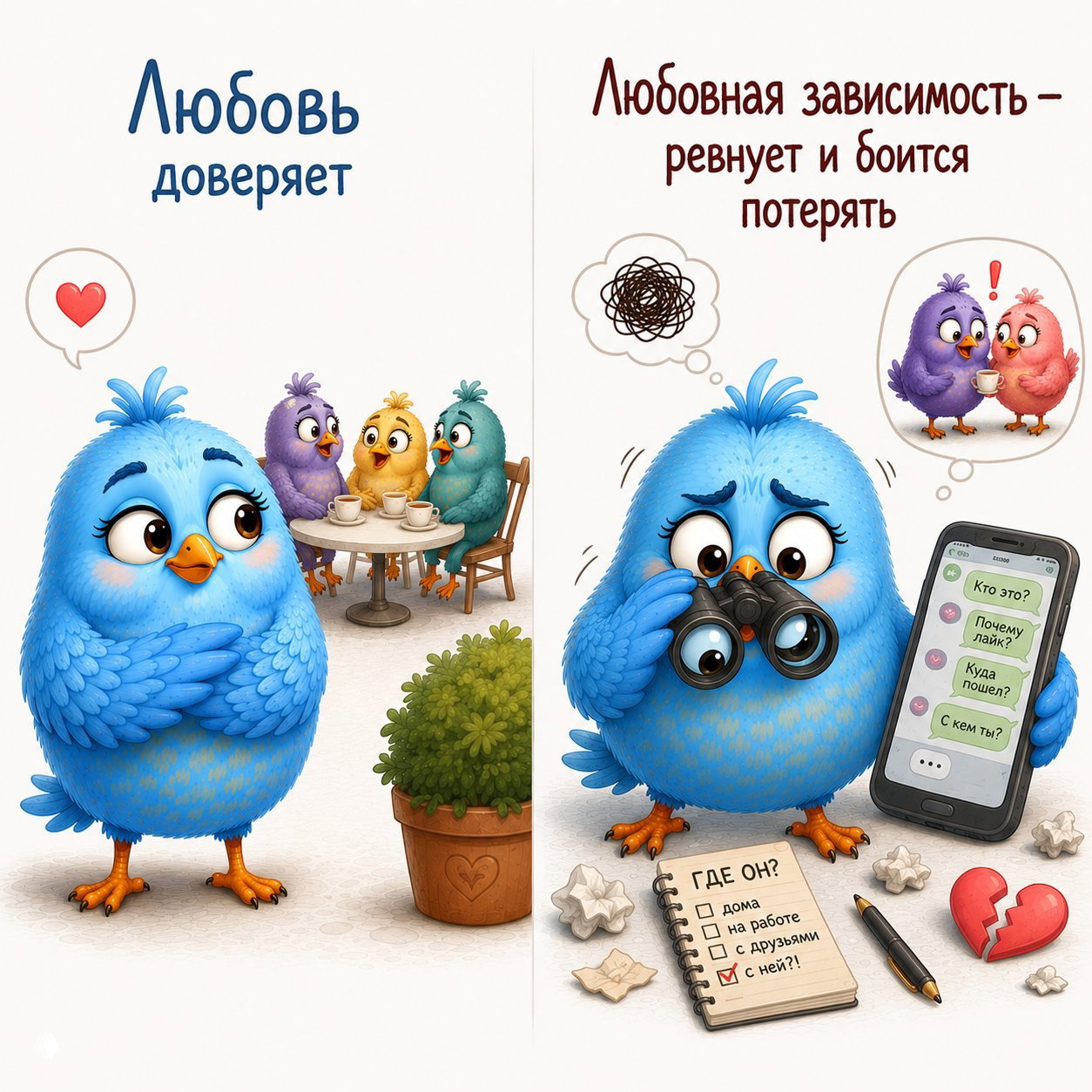 Голубая птичка доверяет, улыбается рядом с друзьями; напротив — птица с биноклем и телефоном, ревность и слежка как проявления зависимости.
