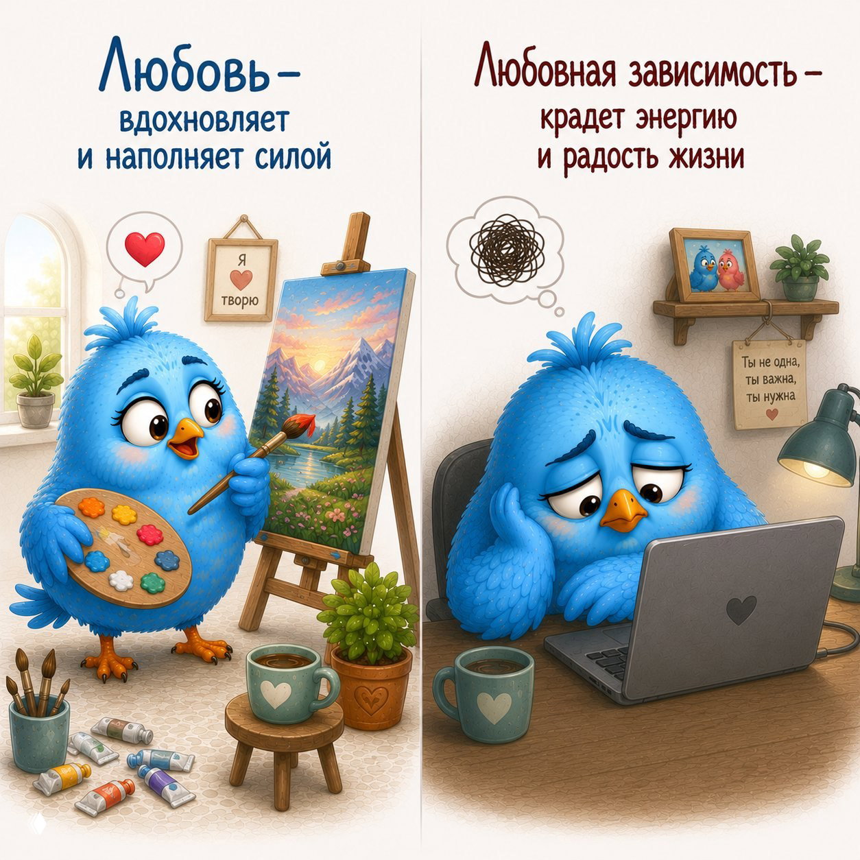 Птичка вдохновляется и рисует — любовь наполняет смыслом; справа птица у ноутбука, унылая и без энергии, символ зависимости.