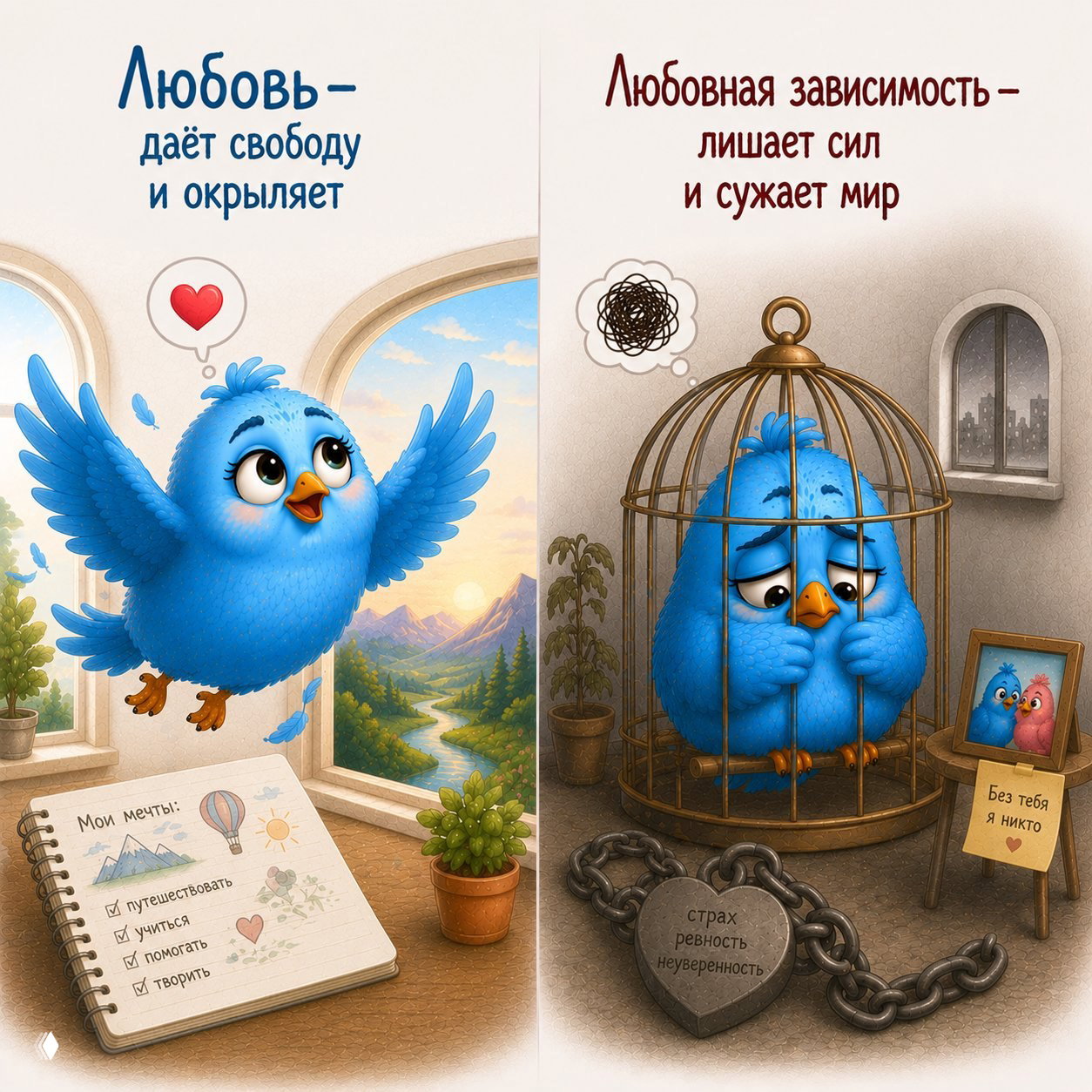 Слева птица летит — любовь даёт свободу; справа птица в клетке с цепью, символ страха и ревности как оковы зависимости.