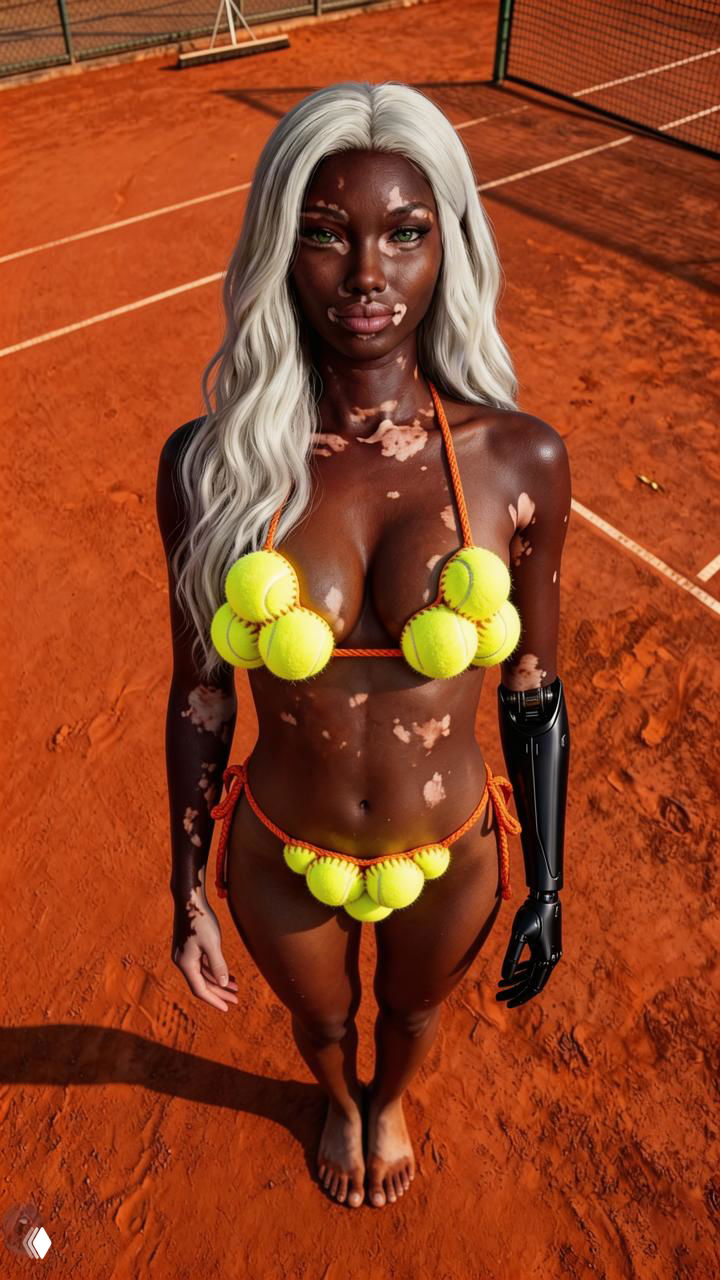 Вид сверху на модель в бикини из теннисных мячей на корте, статичная вертикальная композиция для оценки позы и пропорций в серии.