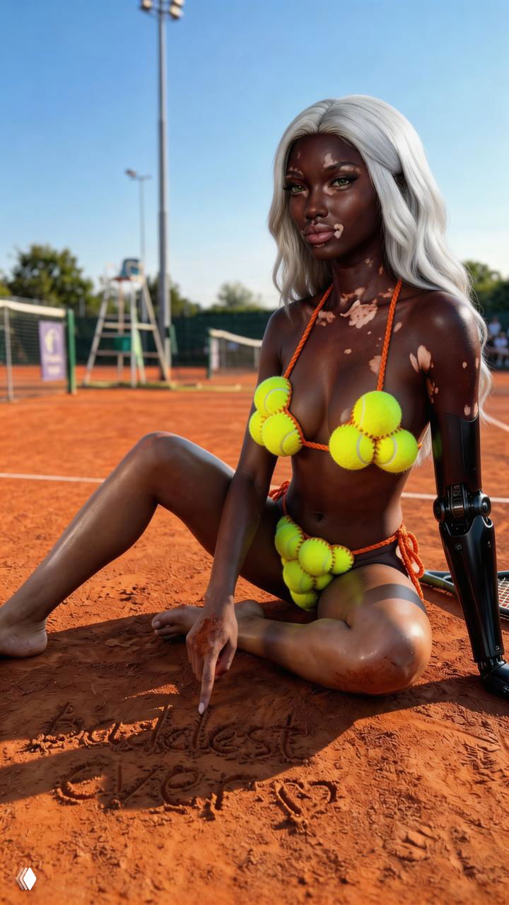 Модель сидит на глине рядом с сеткой, рядом видна надпись на песке; кадр проверяет взаимодействие с окружением и мелкие детали.