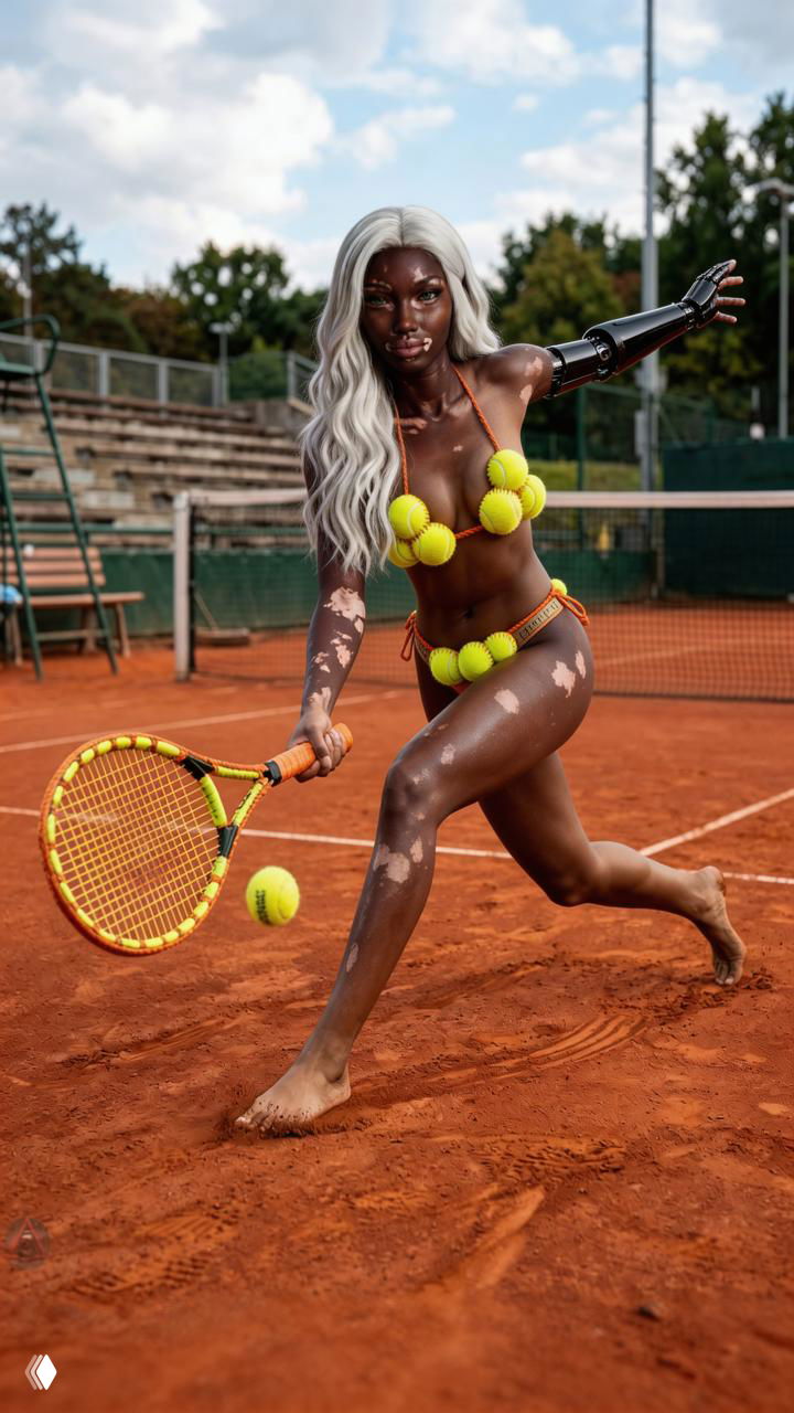 Активный спортивный кадр: модель в движении бьет по мячу на корте, видна энергичная поза и динамика пыли от глины.